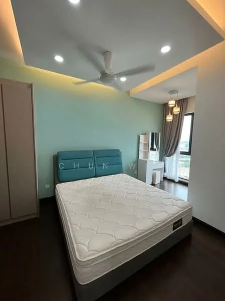 Bedroom features: king-size bed, upholstered headboard in teal, wooden flooring, ceiling fan, recessed LED downlights, large window with city view, built-in wardrobe with sliding doors, dressing table with mirror, decorative pendant lights; style: modern; view: city.