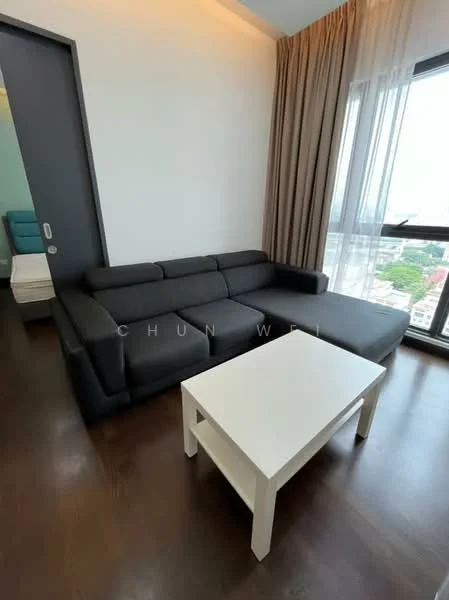 Living features: L-shape sectional sofa in black, white coffee table, floor-to-ceiling windows, curtains in light brown, dark wood flooring, wall with grey paint, view of city skyline; style: modern; view: city.