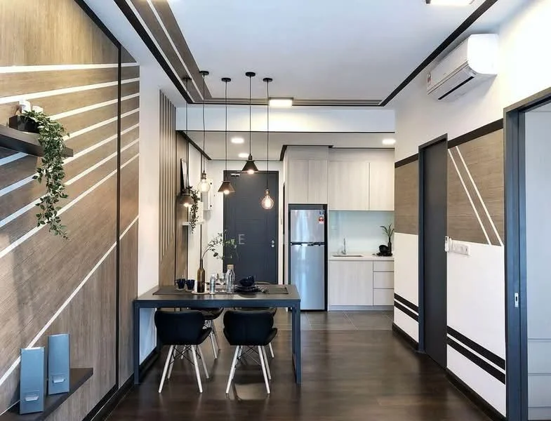 Dining features: wooden dining table, black dining chairs, pendant lighting, decorative wall with linear patterns, dark wood flooring, air conditioning unit, open kitchen layout, refrigerator, white cabinetry, black countertop, kitchen appliances visible; style: modern. Kitchen features: white cabinetry, black countertop, refrigerator, kitchen appliances visible; style: modern.