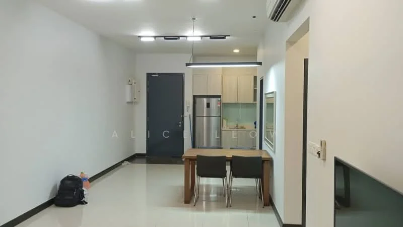 Living features: white painted walls, glossy tile flooring, recessed downlights, ceiling-mounted light fixture, dining table for four, black dining chairs, stainless-steel fridge, kitchen cabinetry, open layout, wall-mounted air conditioning unit, door leading to hallway; style: modern.