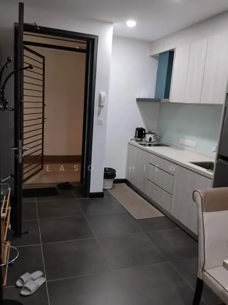 Kitchen features: grey cabinetry, white countertop, single-bowl stainless-steel sink, chrome pull-down faucet, built-in stove, microwave, kettle, refrigerator, tile flooring, recessed downlights; style: modern. Room features: entrance door, wall-mounted coat rack, tile flooring.