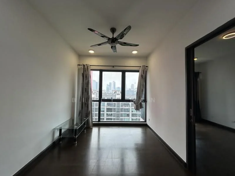 Living features: dark wood flooring, white painted walls, 5-blade ceiling fan with light, floor-to-ceiling windows, sheer curtains, glass TV console, recessed LED downlights; style: modern; view: city.