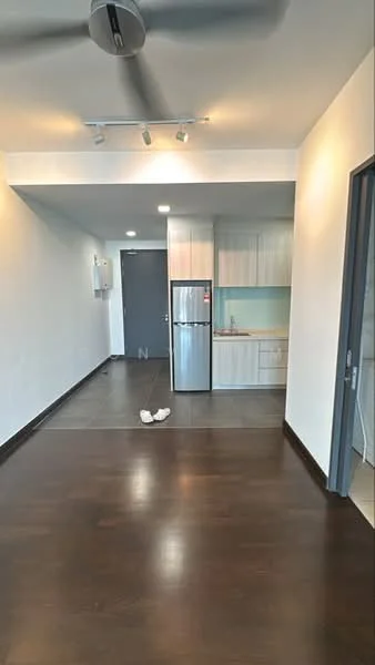 Kitchen features: white painted walls, dark wood flooring, recessed downlights, stainless-steel fridge, built-in kitchen cabinets with light wood finish, countertop with backsplash, single-bowl stainless-steel sink, chrome pull-down faucet, kitchen island, open layout to living area; style: modern. Room features: dark wood flooring, white painted walls, recessed downlights.