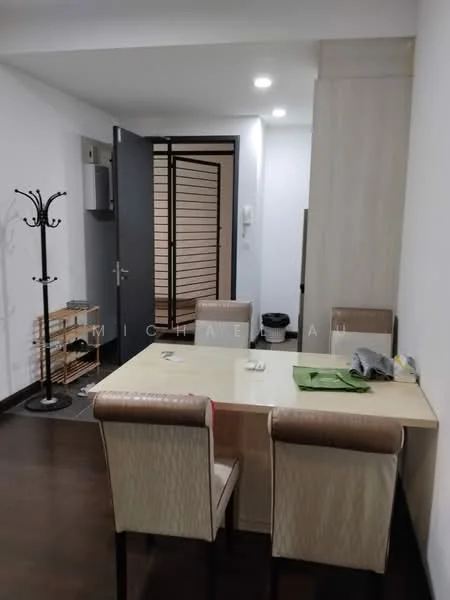 Dining features: dining table with light-colored surface, 4 upholstered dining chairs, dark wood flooring, white painted walls, recessed downlights, coat rack, partition screen, door with modern design, wall-mounted intercom, small waste bin; style: modern.