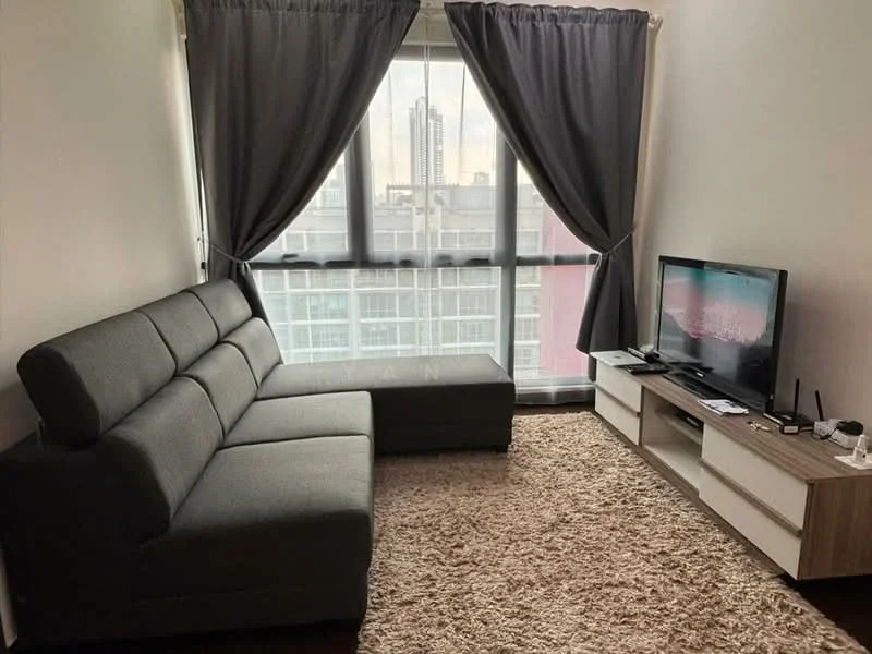 Living features: L-shape sectional sofa in grey, area rug with neutral color, floor-to-ceiling windows, curtains in grey, TV console, wall-mounted TV, decorative items on console, wooden flooring; style: modern; view: city.
