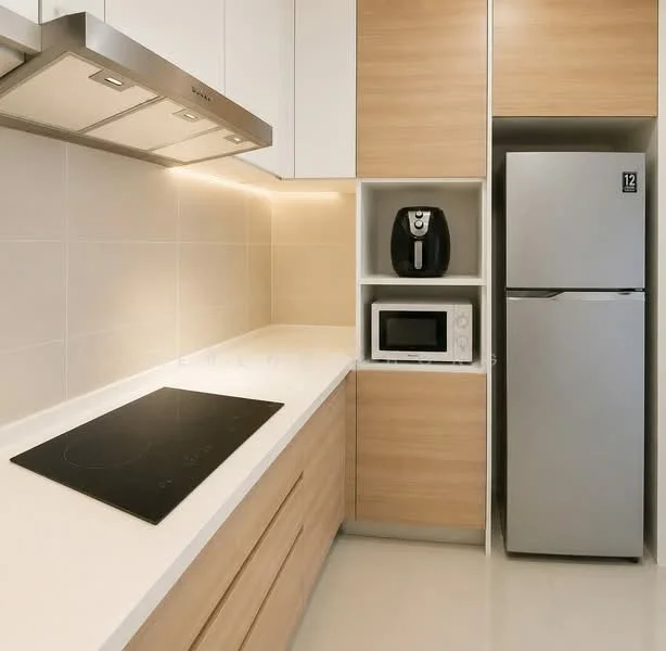 Kitchen features: white quartz countertop, light wood cabinetry, built-in oven, induction cooktop, stainless-steel range hood, microwave, coffee machine, stainless-steel fridge, under-cabinet lighting, cream tiled backsplash, smooth white walls, light-colored flooring; style: modern.