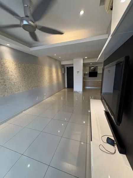 Living features: white painted walls, grey accent wall, glossy tile flooring, 5-blade ceiling fan with light, recessed downlights, wall-mounted TV, TV console, decorative wall panel, open layout, air conditioning unit; style: modern.