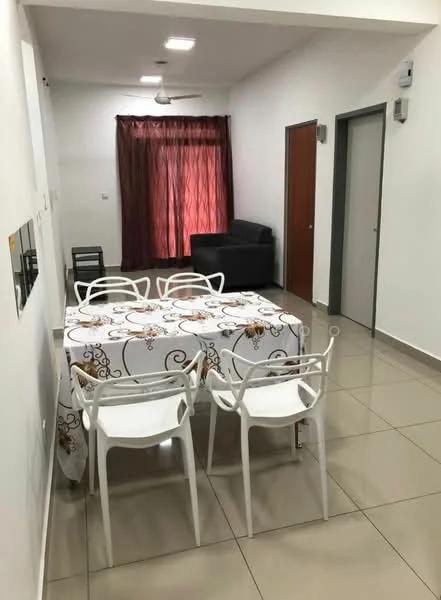 Dining features: white tablecloth with floral pattern, 4 white plastic dining chairs, tiled flooring in light beige, ceiling fan, large window with sheer red curtains, wall-mounted light fixtures, neutral painted walls, dark wood door, grey door leading to another room, black fabric sofa; style: modern.