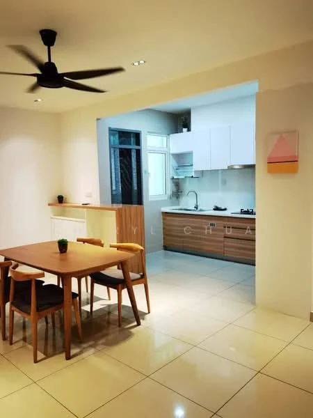 Dining features: wooden dining table, 4 dining chairs, ceiling fan with light, white walls, tile flooring, decorative wall art, plant in ceramic pot; style: modern. Kitchen features: white cabinetry, stainless-steel sink, gas stove, exhaust hood, grey backsplash, countertop with storage, window above sink, tile flooring; style: modern.