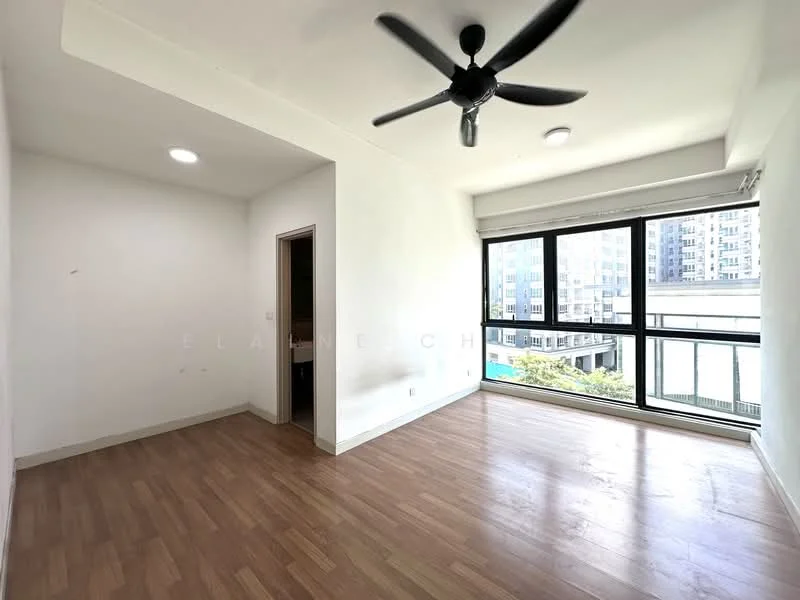 Living features: light wood laminate flooring, white painted walls, 5-blade ceiling fan with light, floor-to-ceiling windows, sliding glass door, natural light from windows, view of outdoor area, recessed ceiling lights; style: modern; view: garden.