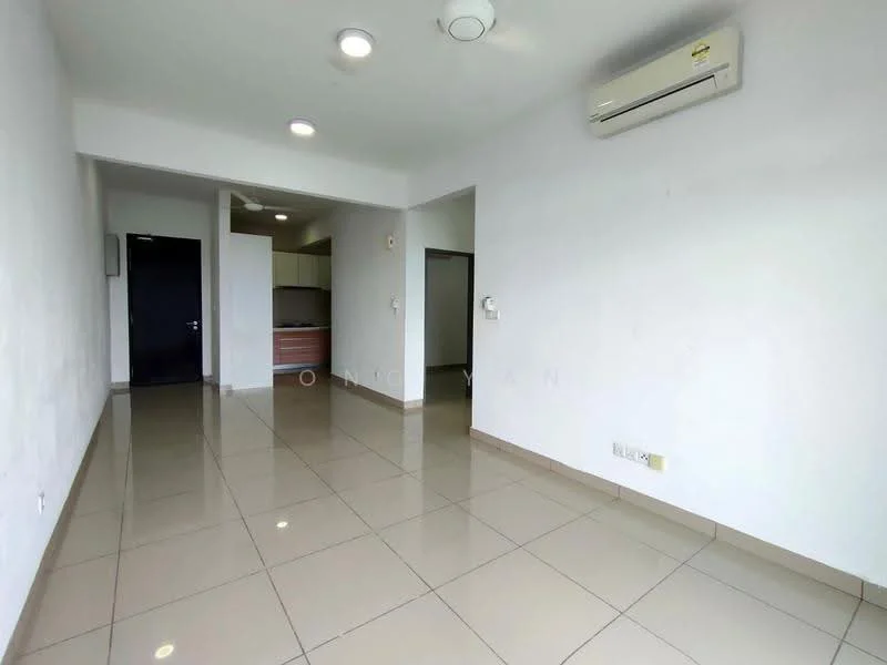 Living features: white painted walls, glossy ceramic tile flooring, recessed downlights, 1 wall-mounted split AC, ceiling fan, open layout, doorway to kitchen, doorway to hallway; style: modern.