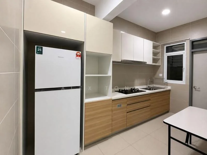 Kitchen features: white refrigerator, built-in oven, 4-burner gas hob, stainless-steel sink, chrome pull-down faucet, laminate countertop, wood cabinetry, open shelving, tile backsplash, cream tiled walls, light-colored floor tiles, window with white frame, table with black legs; style: modern.