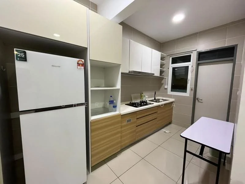 Kitchen features: white cabinetry with flat-panel doors, wooden lower cabinets, stainless-steel fridge, built-in gas stove, exhaust hood, single-bowl stainless-steel sink, countertop with backsplash, tile flooring, window for natural light, light fixture on ceiling, small table, open shelving; style: modern.