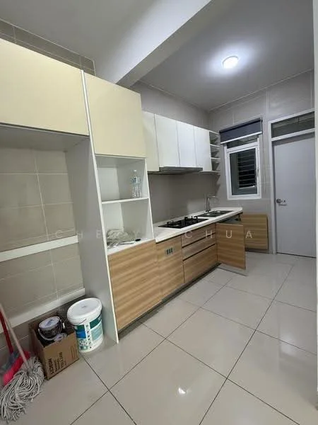 Kitchen features: white upper cabinets, wooden lower cabinets, ceramic tile flooring, single-bowl stainless-steel sink, chrome pull-down faucet, countertop with backsplash, built-in oven, refrigerator, window above sink, light fixture on ceiling, cleaning supplies storage, open shelving; style: modern.