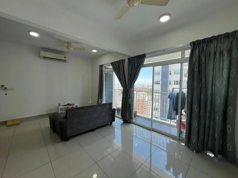 Living features: grey fabric sofa, coffee table, floor-to-ceiling windows, sliding glass door, curtains in grey, white painted walls, recessed downlights, 1 wall-mounted split AC, glossy ceramic tile flooring, ceiling fan; style: modern; view: city.