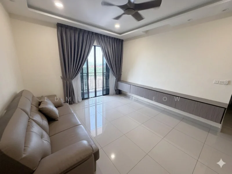 Living features: grey leather sofa, floor-to-ceiling windows, sliding glass door, curtains, ceiling fan, recessed downlights, white painted walls, glossy ceramic tile flooring, wall-mounted TV console, balcony view; style: modern; view: garden.
