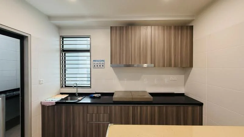 Kitchen features: brown wooden cabinetry, black granite countertop, single-bowl stainless-steel sink, chrome pull-down faucet, built-in stove, tile backsplash, window with horizontal slats, white tiled walls, recessed downlights; style: modern.