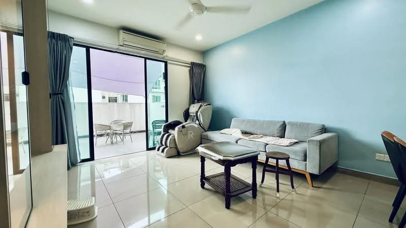 Living features: grey fabric sofa, coffee table, dining table with chairs, floor-to-ceiling windows, sliding glass door, light grey painted walls, white ceiling, ceiling fan, tile flooring, curtains, outdoor view from sliding door; style: modern; view: garden.