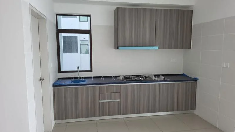 Kitchen features: laminate cabinetry in brown, stainless-steel sink, chrome pull-down faucet, granite countertop, built-in gas hob, wall-mounted range hood, white tiled backsplash, floor-to-ceiling window, light-colored tiled flooring, recessed downlights; style: modern.