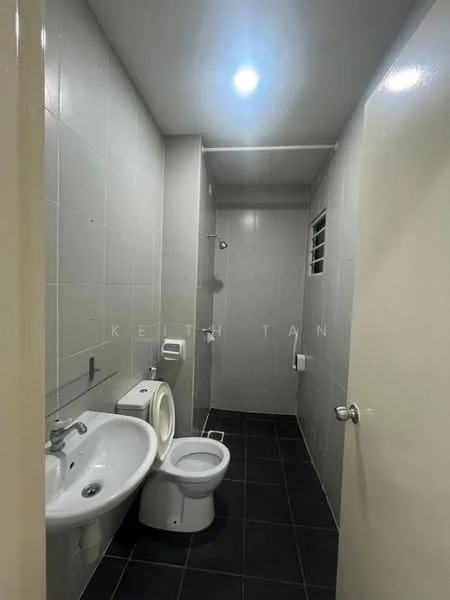 Bathroom features: white tiled walls, black tiled flooring, single-sink vanity with chrome faucet, one-piece toilet, shower with handheld shower head, mirror above sink, exhaust fan, light fixture on ceiling; style: modern.