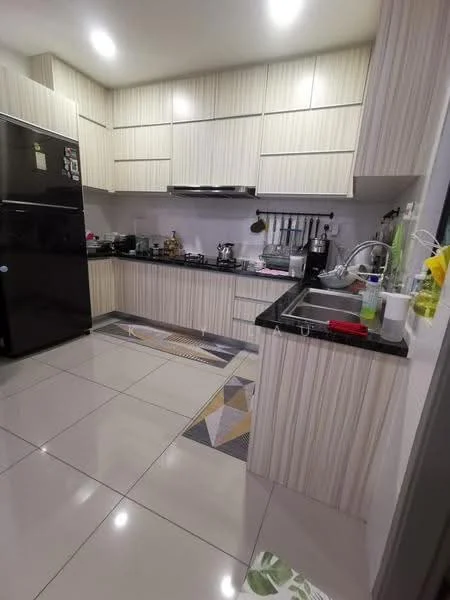Kitchen features: black granite countertop, light wood cabinetry, stainless-steel sink, chrome pull-down faucet, built-in oven, freestanding black fridge, gas hob, exhaust hood, tile flooring, wall-mounted utensils rack, multiple cooking pots and pans visible, decorative kitchen mat; style: modern.