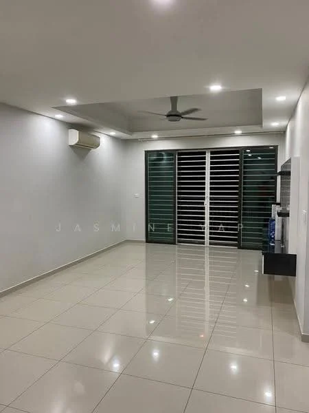 Living features: white painted walls, glossy ceramic tile flooring, 5-blade ceiling fan with light, sliding glass door, window with horizontal slats, wall-mounted TV console, air conditioning unit, recessed downlights; style: modern.