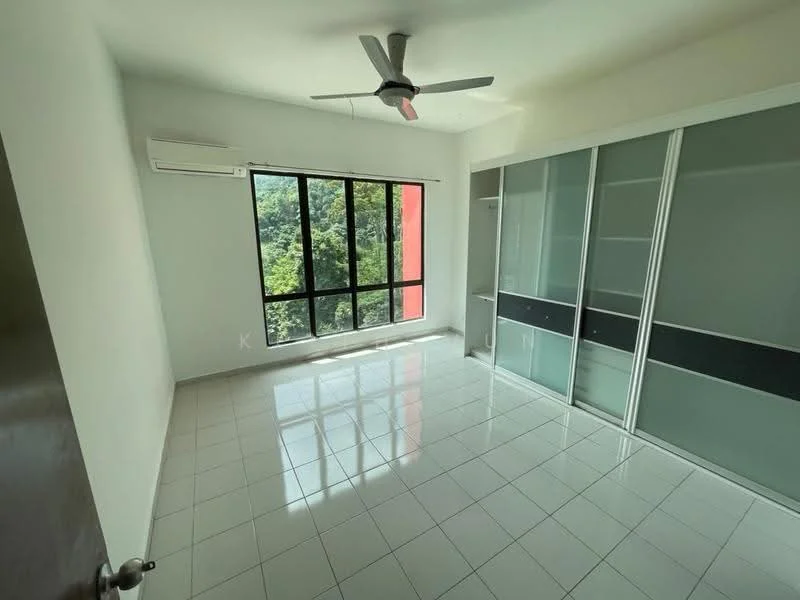 Room features: white painted walls, glossy white tile flooring, 5-blade ceiling fan with light, floor-to-ceiling windows, air conditioning unit, built-in wardrobe with glass doors, natural light from windows, view of greenery outside; style: modern; view: garden.