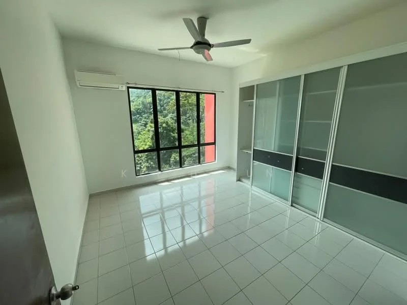 Room features: white painted walls, glossy white tile flooring, 5-blade ceiling fan, floor-to-ceiling windows, air conditioning unit, built-in wardrobe with glass doors, natural light from windows, view of greenery outside; style: modern; view: garden.