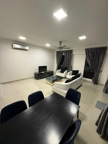 Living features: white leather sofa, 2-seater sofa, 3-seater sofa, black TV console, wall-mounted TV, ceiling fan, recessed LED downlights, grey curtains, cream painted walls, tile flooring; style: modern. Dining features: black dining table, 4 dining chairs, tile flooring; style: modern.