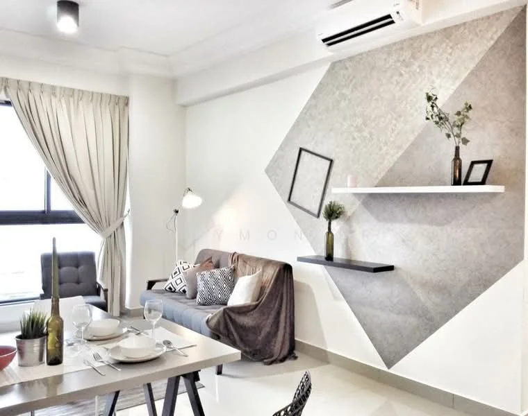Living features: grey fabric sofa, decorative throw pillows, wall-mounted shelf, geometric accent wall in grey and white, floor lamp, curtains, dining table with place settings, ceramic vase, decorative plant, recessed ceiling lights, air conditioning unit; style: modern.