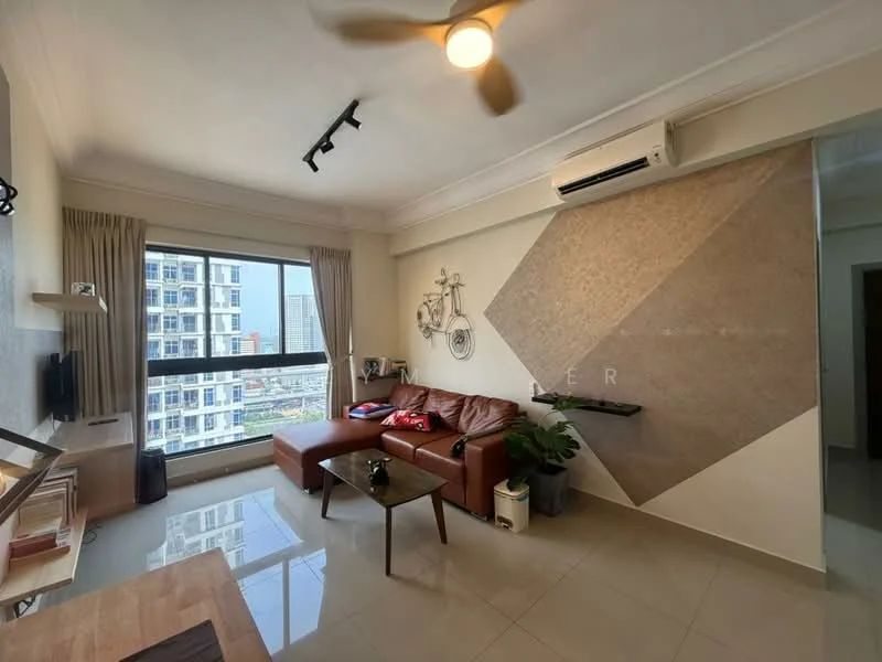 Living features: 3-seater brown leather sofa, coffee table, wall-mounted TV, floor-to-ceiling windows, curtains, recessed downlights, ceiling fan, air conditioning unit, decorative wall with geometric design, plant on wall shelf, tile flooring, neutral wall color; style: modern; view: city.