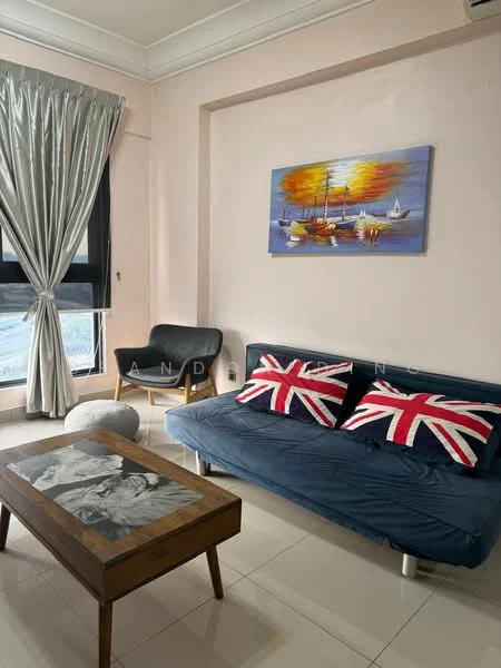 Living features: light pink painted walls, glossy tile flooring, floor-to-ceiling windows, sheer curtains, black armchair, sofa bed with Union Jack cushions, wooden coffee table with decorative top, wall-mounted air conditioning unit, framed artwork with boats, decorative wall panel; style: contemporary.