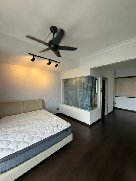 Bedroom features: queen-size bed, 5-blade ceiling fan with light, track lighting, dark wood flooring, white painted walls, window with sheer curtains, built-in wardrobe, corner window with view, decorative wall paneling; style: modern.