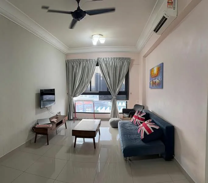 Living features: 3-seater fabric sofa in blue, coffee table with wooden legs, wall-mounted TV, floor-to-ceiling windows, sheer curtains, recessed downlights, ceiling fan, decorative artwork on wall, glossy tile flooring, air conditioning unit; style: modern; view: city.