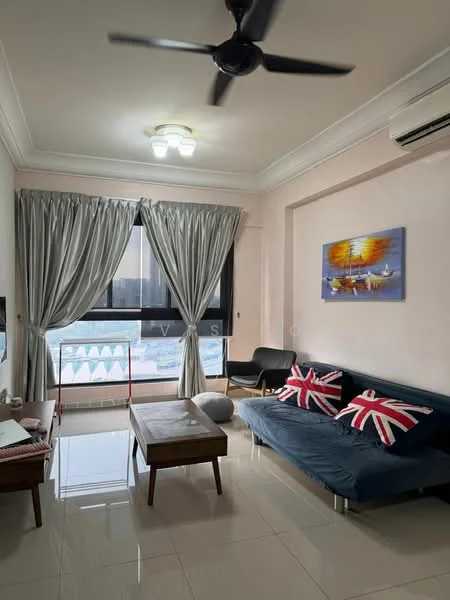 Living features: 3-seater fabric sofa in blue, coffee table, TV console, wall-mounted TV, area rug, 5-blade ceiling fan, recessed downlights, floor-to-ceiling windows, sheer curtains, decorative painting, decorative cushions with Union Jack pattern, glossy tile flooring; style: modern; view: city.
