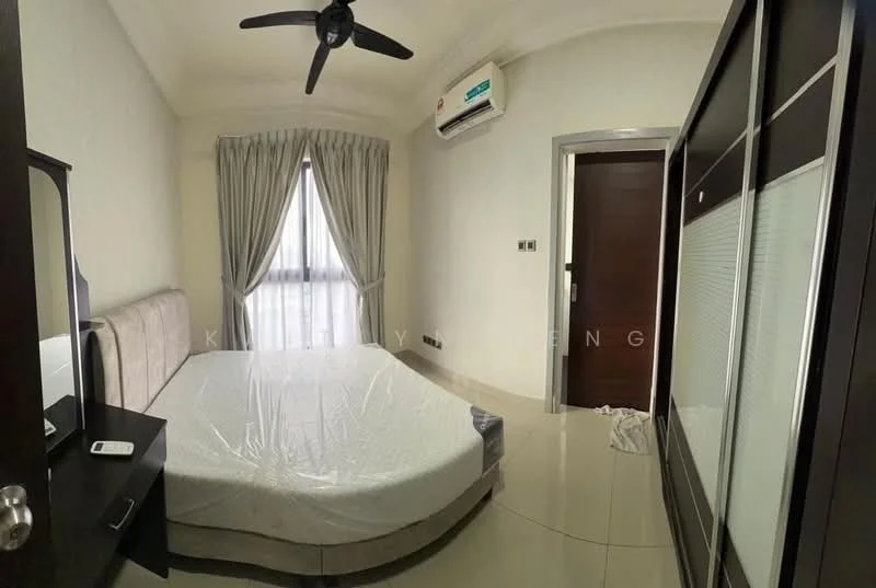 Bedroom features: queen-size bed with mattress protector, wooden bed frame, floor-to-ceiling window with sheer curtains, wall-mounted split AC unit, ceiling fan, light-colored walls, glossy tile flooring, built-in wardrobe with sliding doors, decorative mirror on dresser, nightstand, remote control on nightstand; style: modern.