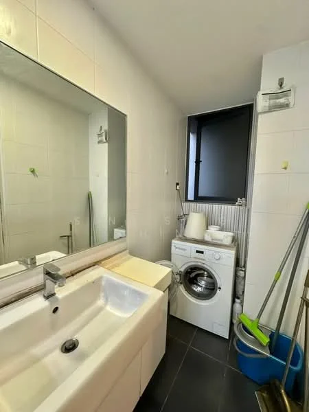 Bathroom features: white tiled walls, black tile flooring, single-sink vanity with white cabinet, chrome basin mixer faucet, large mirror above sink, washing machine, toilet, window for natural light, cleaning supplies visible; style: modern.