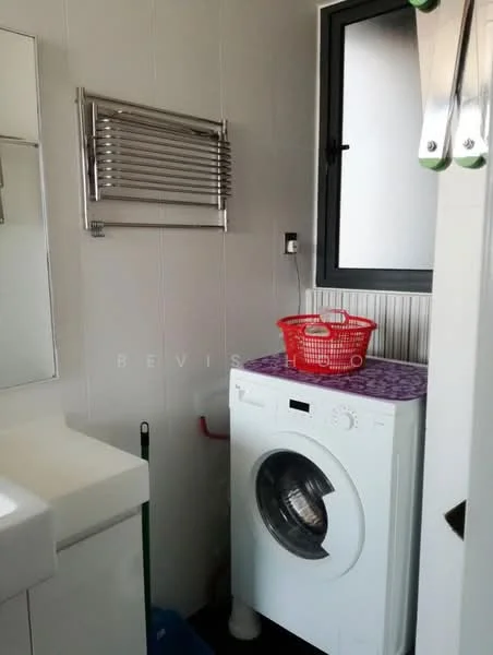 Laundry features: front-load washing machine, white cabinetry, white countertop, tiled walls, heated towel rail, window with black frame, red laundry basket, cleaning supplies storage, grey floor mat; style: modern.