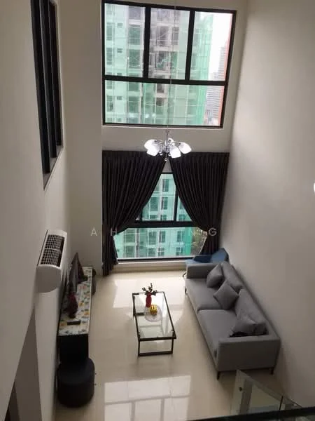 Living features: grey fabric sofa, glass coffee table, floor-to-ceiling windows, blackout curtains, wall-mounted split AC, light fixture with multiple bulbs, cream tiled flooring, decorative vase with flowers; style: modern; view: city.