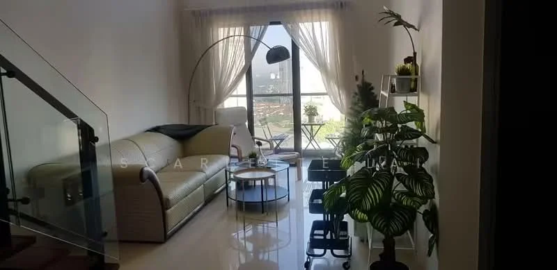 Living features: 3-seater leather sofa in cream, coffee table with round glass top, area rug with geometric pattern, floor-to-ceiling windows, sheer curtains, potted houseplants, decorative wall shelf, side table with lamp, small dining table with chairs, decorative wall art; style: modern; view: city.