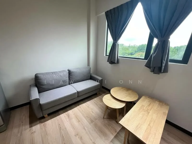 Living features: grey fabric 3-seater sofa, two round wooden coffee tables, laminate flooring, white painted walls, floor-to-ceiling windows, curtains in grey, natural light from windows, minimalist decor; style: modern; view: garden.
