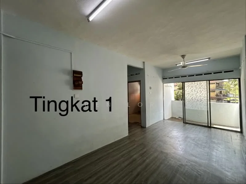Room features: light grey painted walls, laminate flooring, 5-blade ceiling fan, sliding glass door, floor-to-ceiling windows, natural light, open layout, balcony view; style: modern; view: garden.