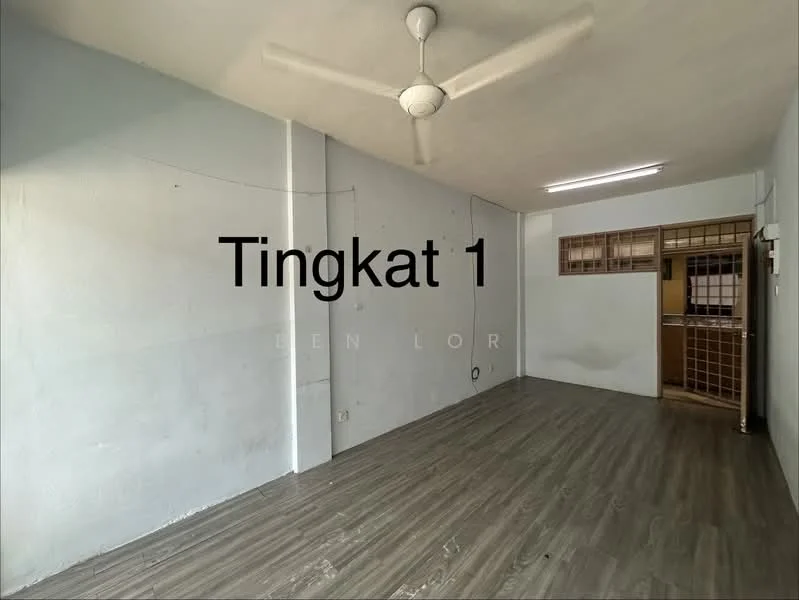 Room features: light grey painted walls, laminate flooring, ceiling fan, wall-mounted electrical outlets, window with grille, open layout, natural light from window, neutral color scheme; style: minimalist.