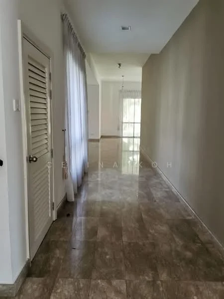 Room features: cream painted walls, marble tile flooring, floor-to-ceiling windows, sheer curtains, door with louvered panels, recessed downlights, high ceiling, natural light from windows; style: modern; view: garden.
