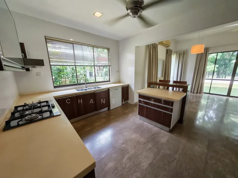 Kitchen features: single-bowl stainless-steel sink, chrome pull-down faucet, laminate countertop, wood cabinetry, built-in oven, 4-burner gas hob, recessed downlights, ceiling fan, large windows, sliding glass door, view of garden, open layout to dining area; style: modern; view: garden. Dining features: dining table, wooden chairs, large windows, curtains, pendant light; style: modern; view: garden.