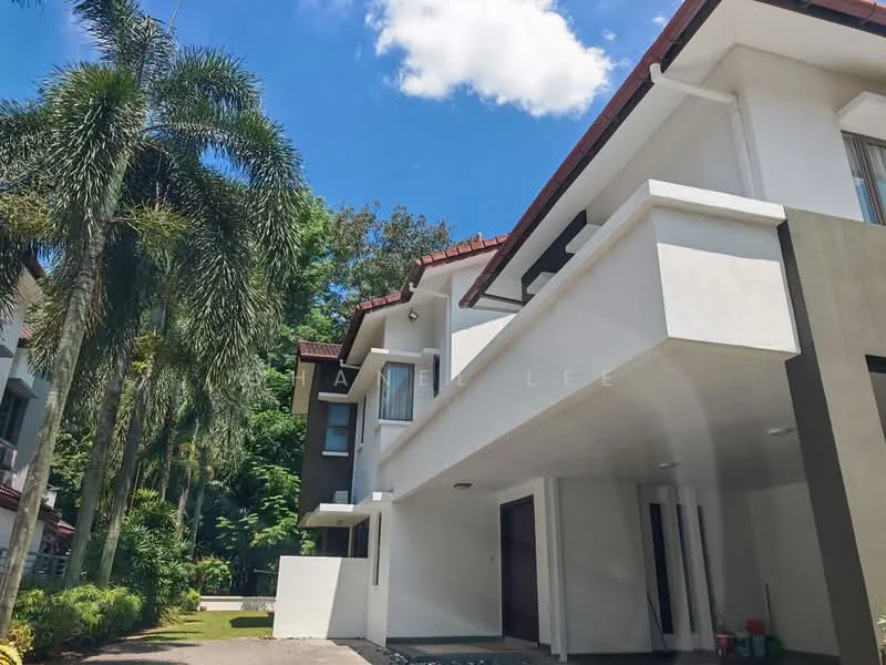 Exterior type: semi-detached house; features: white painted facade, red tile roof, two-storey structure, large windows, covered car porch, manicured landscaping, palm trees, lush greenery, driveway with interlocking pavers; style: modern.