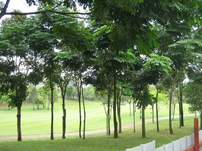 Exterior type: landscape garden; features: manicured lawn, mature trees, paved walkway, lush greenery, open space, rolling terrain; style: tropical-modern.