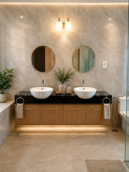 Bathroom features: double-sink vanity with wood cabinet, black countertop, two round mirrors, wall-mounted faucets, light fixture above vanity, marble wall cladding, marble flooring, potted plant, decorative greenery, bathtub, glass shower enclosure, towel hanging, LED strip lighting under vanity; style: modern.