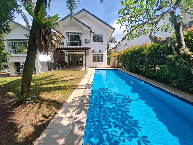 Exterior type: detached bungalow; features: swimming pool, landscaped garden, manicured lawn, paved walkway, outdoor seating area, air conditioning units visible on facade, large windows, covered patio, tropical landscaping, palm trees; style: modern.