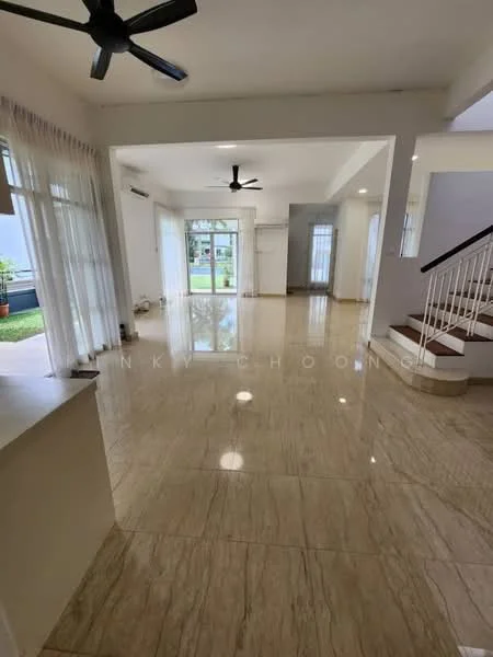 Living features: marble tile flooring, white painted walls, 5-blade ceiling fan, floor-to-ceiling windows, sliding glass door, sheer curtains, recessed downlights, open layout, natural light, view of garden, staircase in background; style: modern; view: garden. Kitchen features: marble tile flooring, white painted walls, kitchen island, open layout, natural light; style: modern.